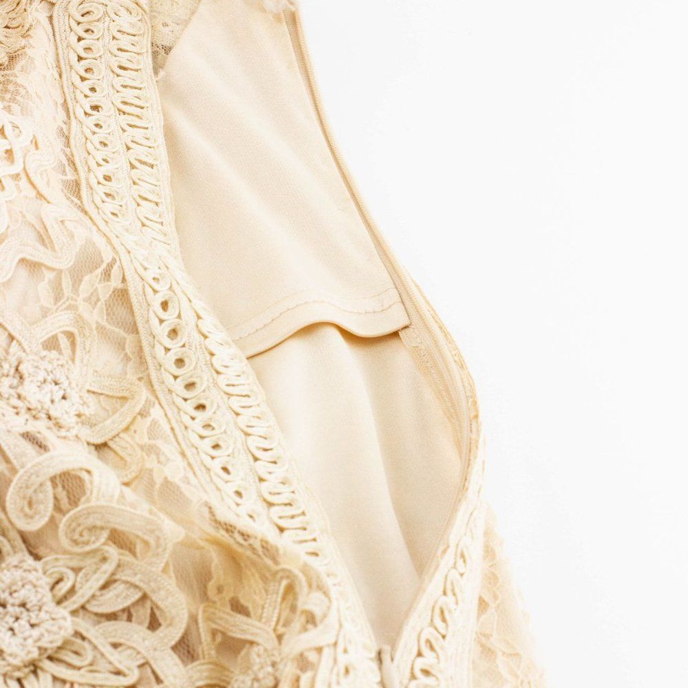 SUE WONG Tan Scrolled Sleeveless Dress with Flower Detailing - Picture 5 of 5